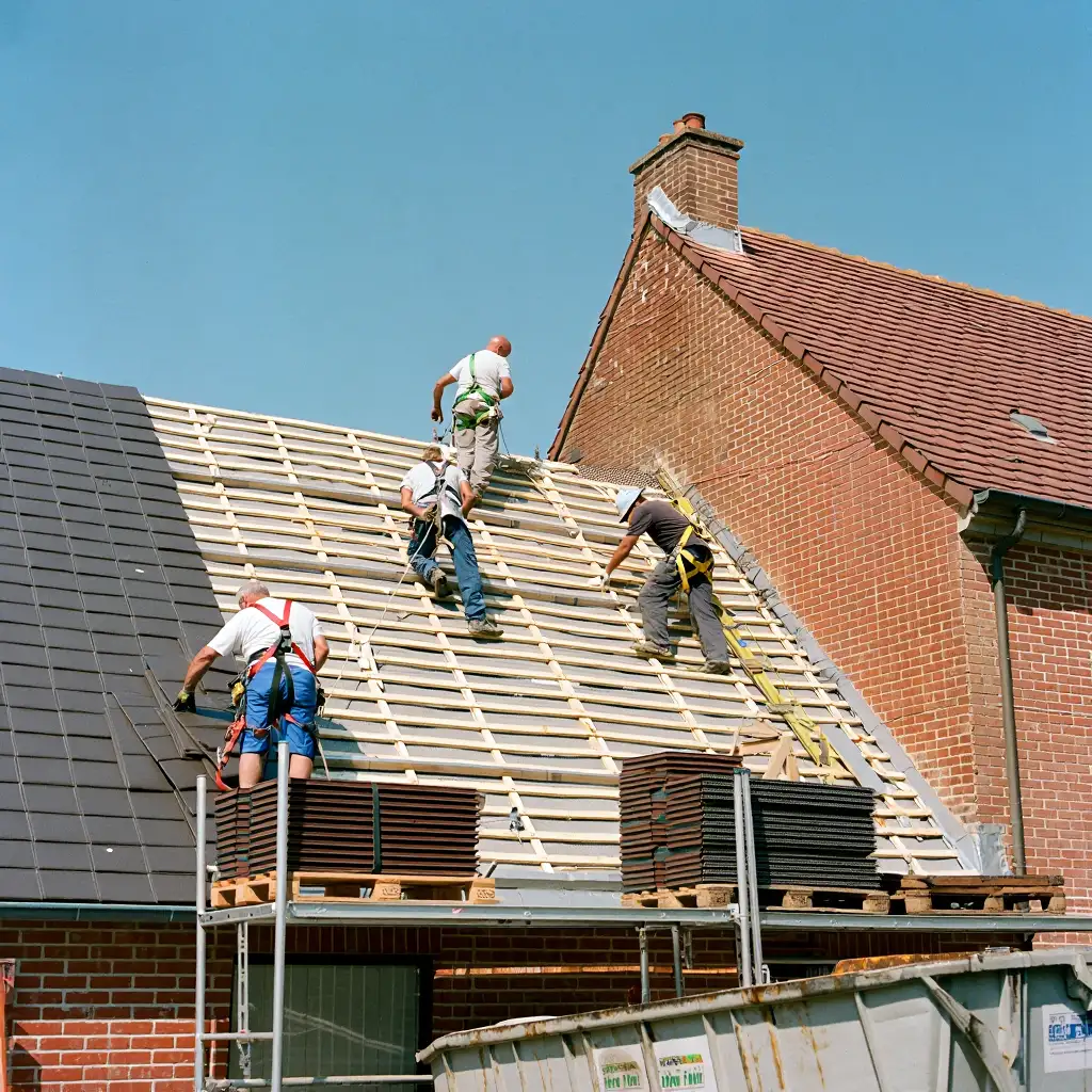 équipe en train de réaliser une rénovation de toitre